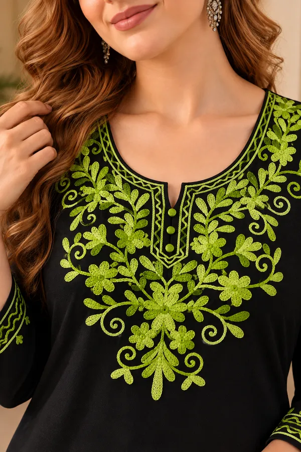 Black_Viscose_Rayon_Straight_Green_Embroidered_Kurta_For_Women