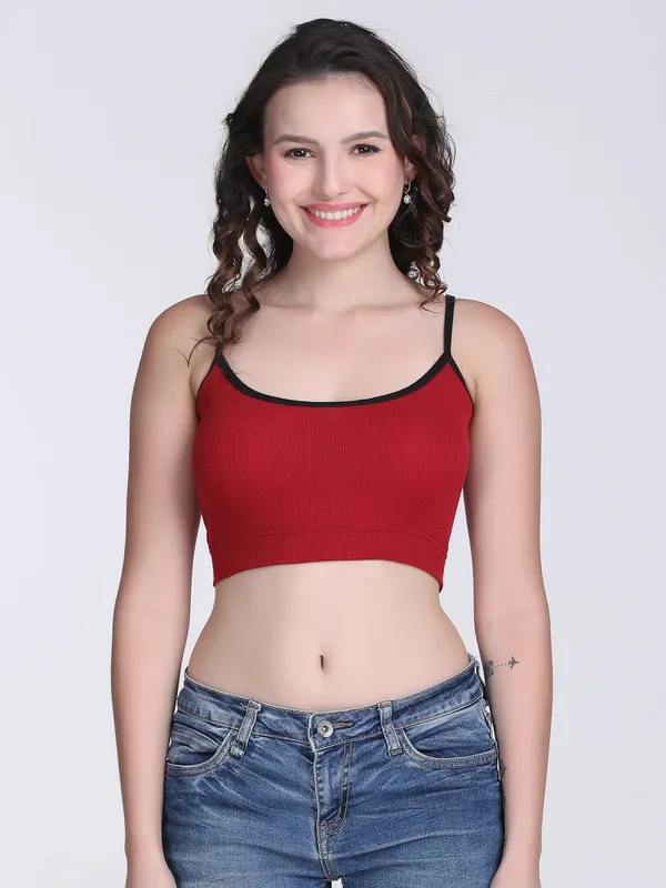 Red_Rib_Fitted_Contrast_Edge_Crop_Top_For_Women