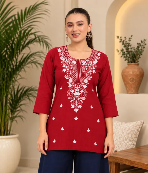 Red_Viscose_Rayon_Straight_Short_Kurta_For_Women