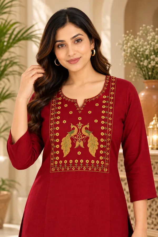 Red_Viscose_Rayon_Straight_Embroidered_Kurta_For_Women
