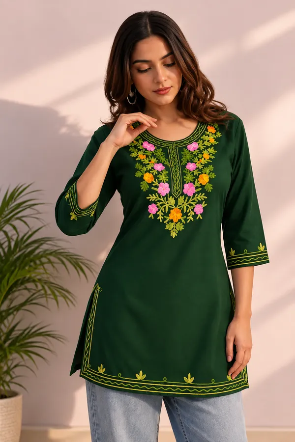 Dark_Green_Viscose_Rayon_Straight_Short_Kurta_For_Women