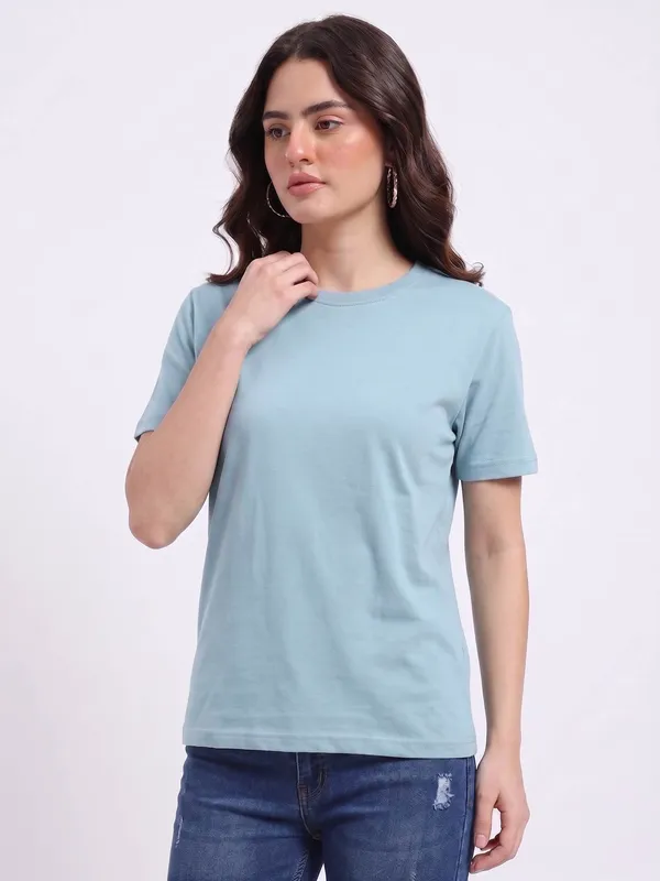 Light_Blue_Cotton_Regular_Fit_T-Shirt_For_Women