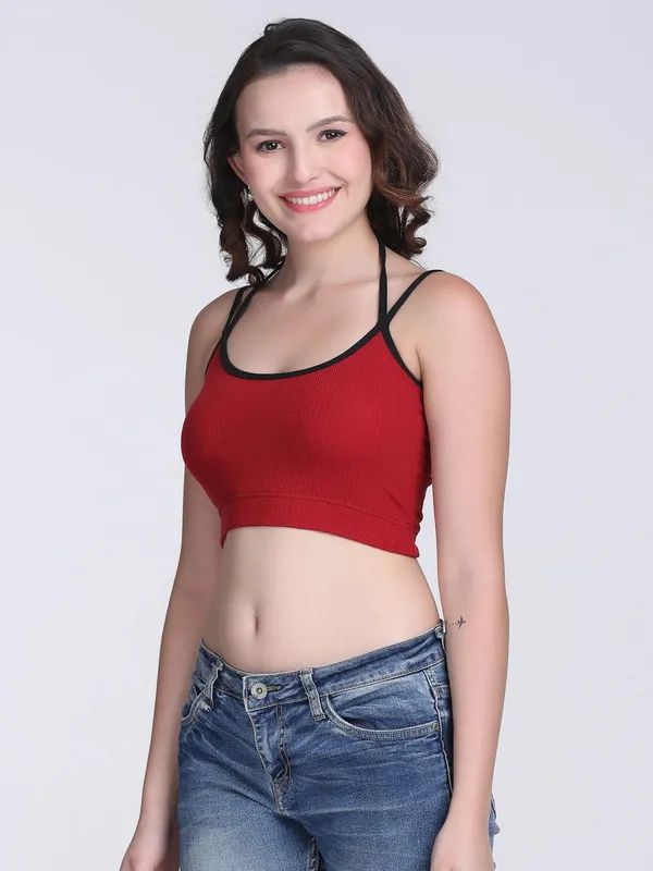 Red_Rib_Fitted_Contrast_Trim_Crop_Top_For_Women