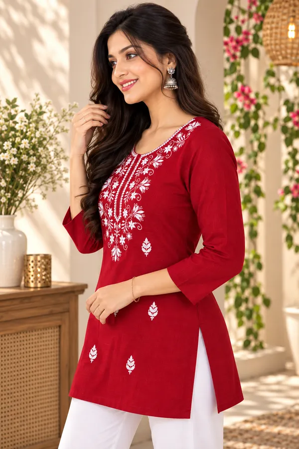 Red_Viscose_Rayon_Straight_Floral_Embroidered_Kurta_For_Women