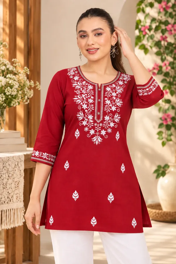 Red_Viscose_Rayon_Straight_Floral_Embroidered_Kurta_For_Women