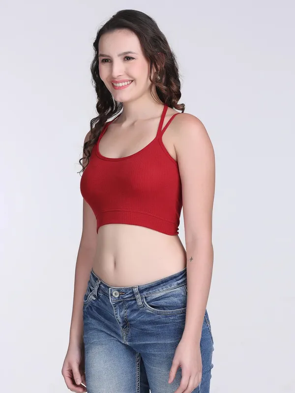 Red_Rib_Fitted_Double_Strap_Bralette_Crop_Top_For_Women