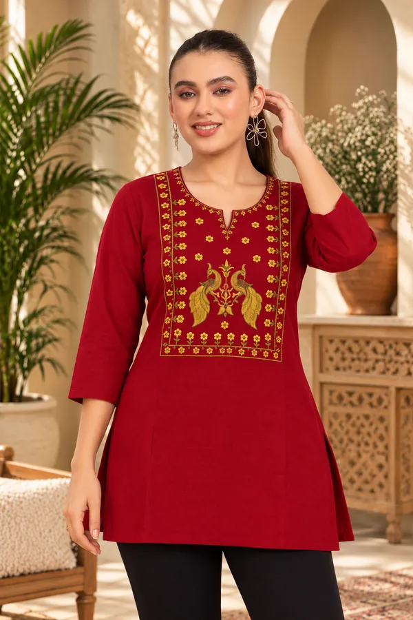 Red_Viscose_Rayon_Straight_Embroidered_Kurta_For_Women