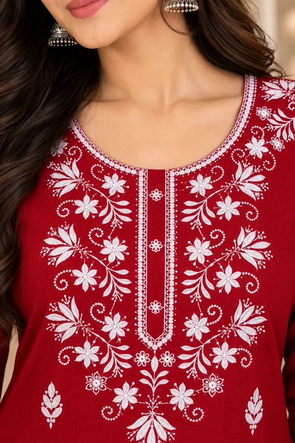 Red_Viscose_Rayon_Straight_Floral_Embroidered_Kurta_For_Women