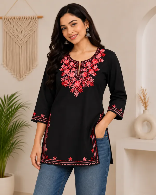 Black_Viscose_Rayon_Straight_Floral_Embroidered_Kurta_For_Women