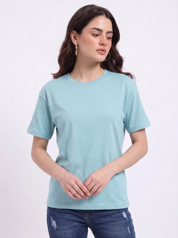 Light_Blue_Cotton_Regular_Fit_T-Shirt_For_Women