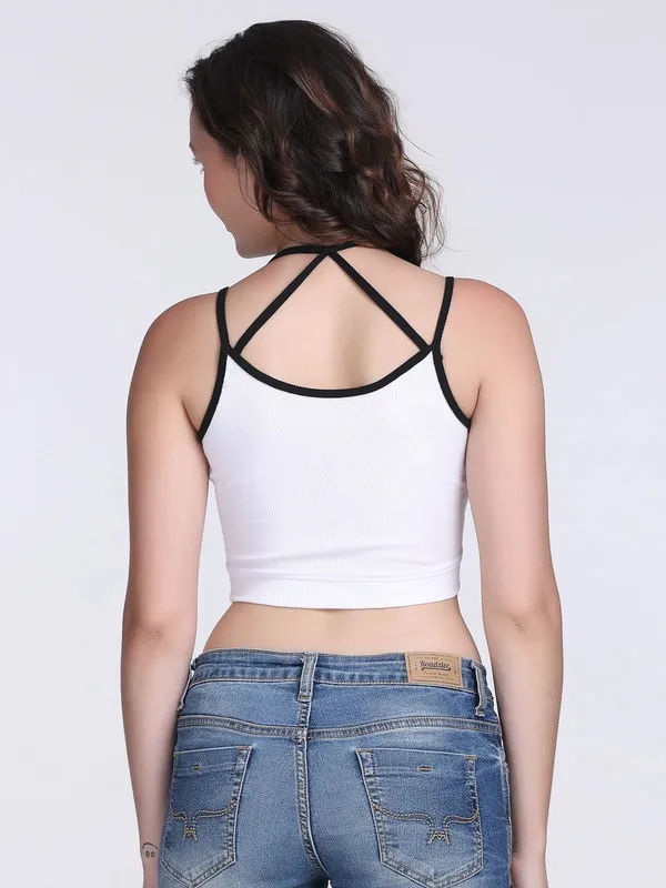 White_Rib_Fitted_Contrast_Strap_Crop_Top_For_Women
