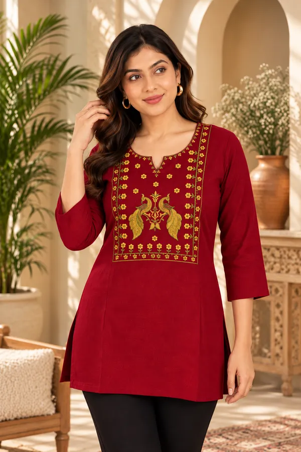 Red_Viscose_Rayon_Straight_Embroidered_Kurta_For_Women