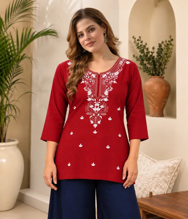 Red_Viscose_Rayon_Straight_Short_Kurta_For_Women