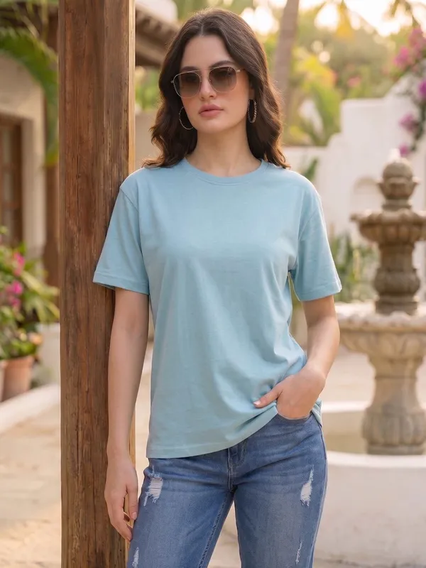 Light_Blue_Cotton_Regular_Fit_T-Shirt_For_Women