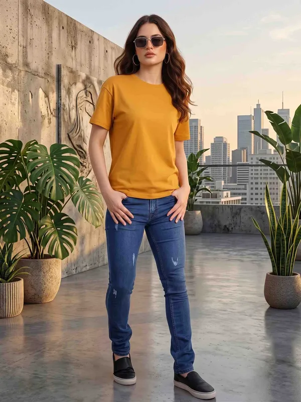 Mustard_Cotton_Regular_Fit_T-Shirt_For_Women