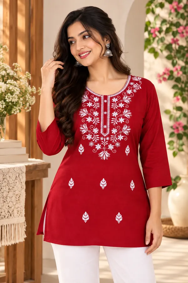 Red_Viscose_Rayon_Straight_Floral_Embroidered_Kurta_For_Women
