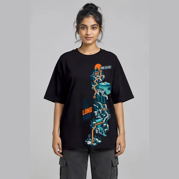 Long_Way__Black_Cotton_Oversized_Graphic_T-Shirt_For_Women