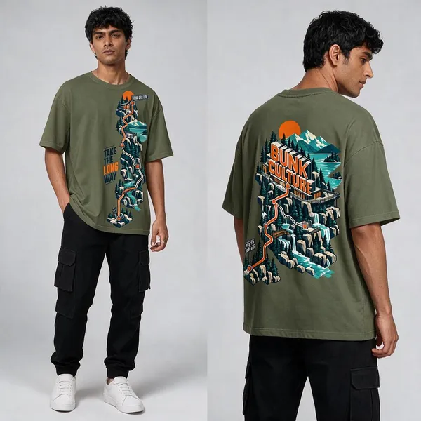 Long_Way_Olive_Green_Cotton_Oversized_Graphic_T-Shirt_For_Men