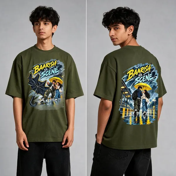 Baarish_Olive_Green_Cotton_Oversized_Graphic_T-Shirt_For_Men