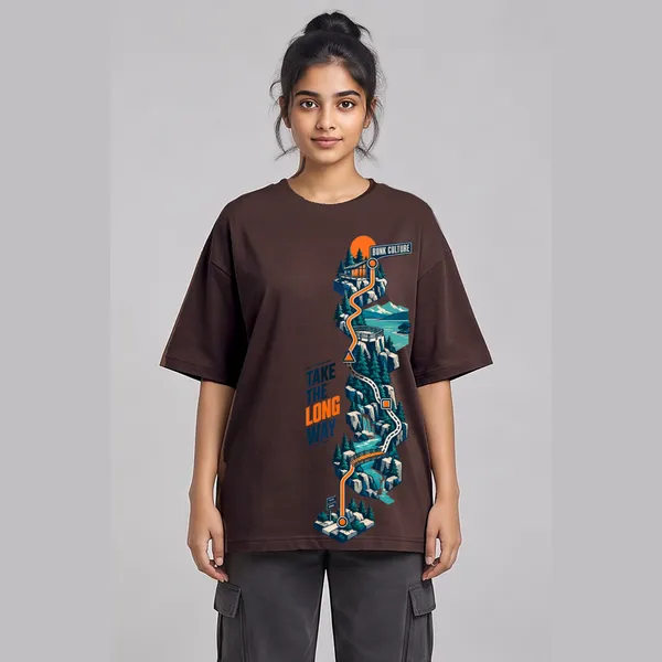 Long_Way_Brown_Cotton_Oversized_Graphic_T-Shirt_For_Women