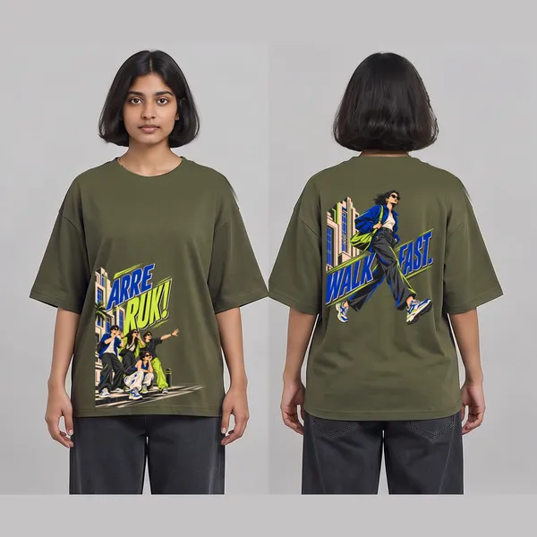 Walk_Fast_Olive_Green_Cotton_Oversized_Graphic_T-Shirt_For_Women