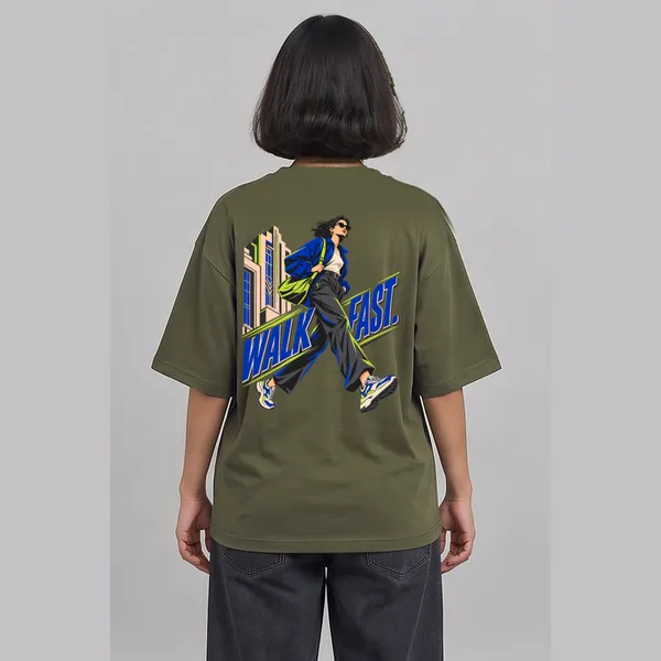 Walk_Fast_Olive_Green_Cotton_Oversized_Graphic_T-Shirt_For_Women
