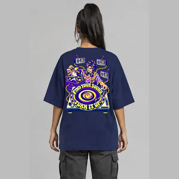 Turn_It_Up_Navy_Blue_Cotton_Oversized_Graphic_T-Shirt_For_Unisex