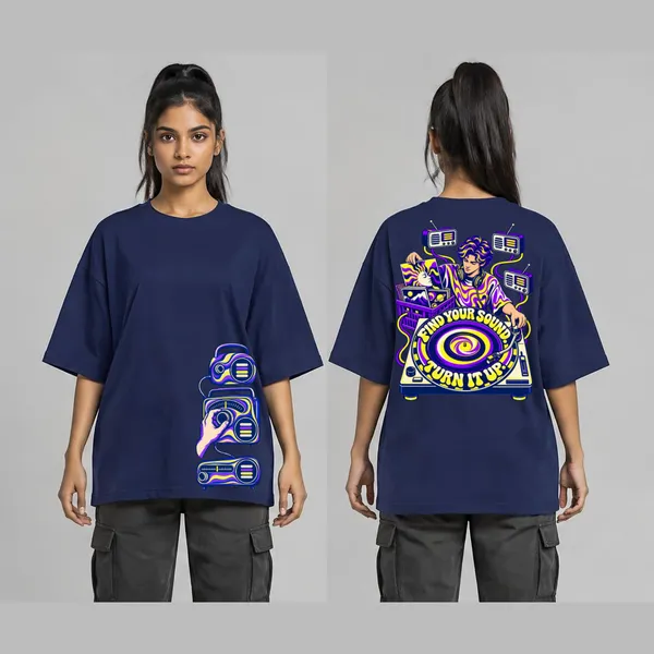 Turn_It_Up_Navy_Blue_Cotton_Oversized_Graphic_T-Shirt_For_Unisex