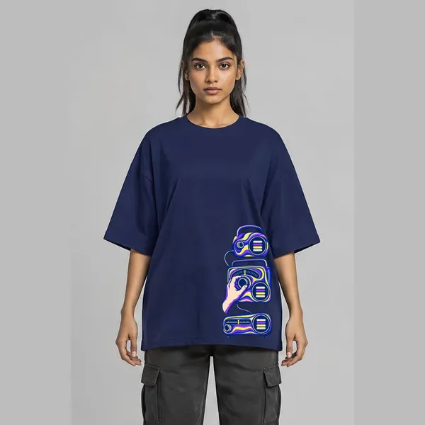 Turn_It_Up_Navy_Blue_Cotton_Oversized_Graphic_T-Shirt_For_Unisex