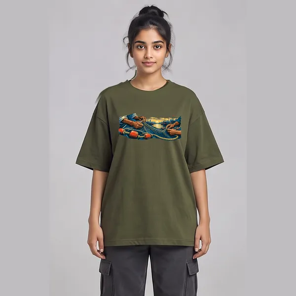 Koliwada_Olive_Green_Cotton_Oversized_Graphic_T-Shirt_For_Women