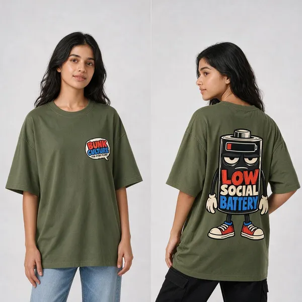 Low_Social_Battery_Olive_Green_Cotton_Oversized_Graphic_T-Shirt_For_Women