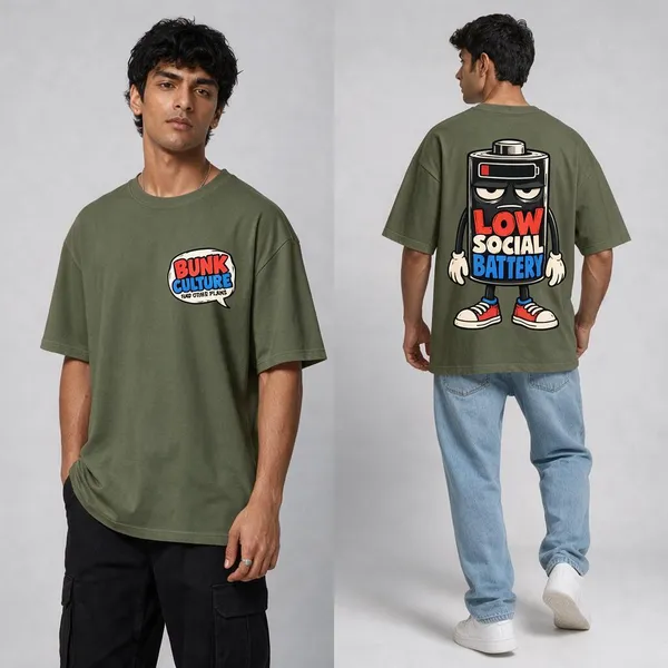 Low_Battery_Olive_Green_Cotton_Oversized_Graphic_T-Shirt_For_Men