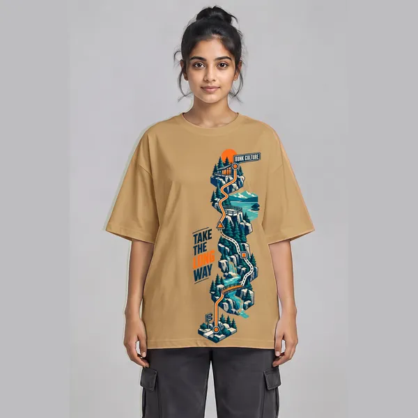 Take_The_Long_Way_Beige_Cotton_Oversized_Graphic_T-Shirt_For_Women