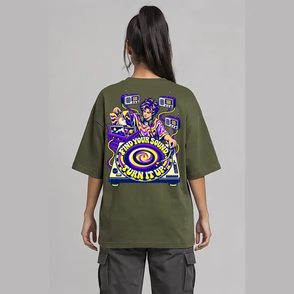 Turn_It_Up_Olive_Green_Cotton_Oversized_Graphic_T-Shirt_For_Women