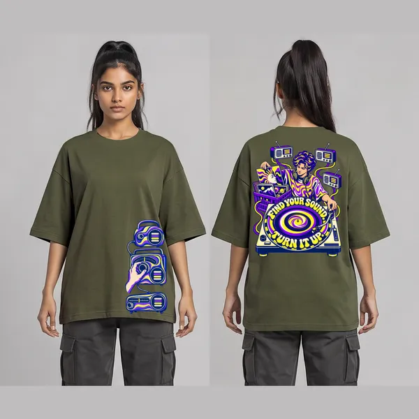 Turn_It_Up_Olive_Green_Cotton_Oversized_Graphic_T-Shirt_For_Women