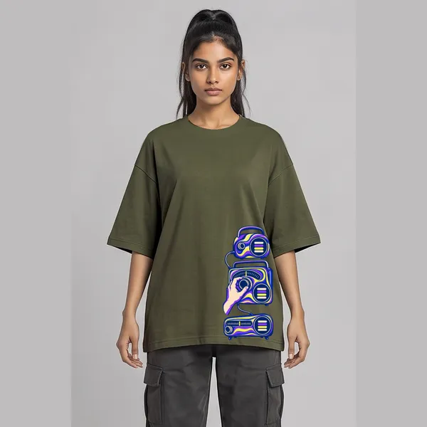 Turn_It_Up_Olive_Green_Cotton_Oversized_Graphic_T-Shirt_For_Women