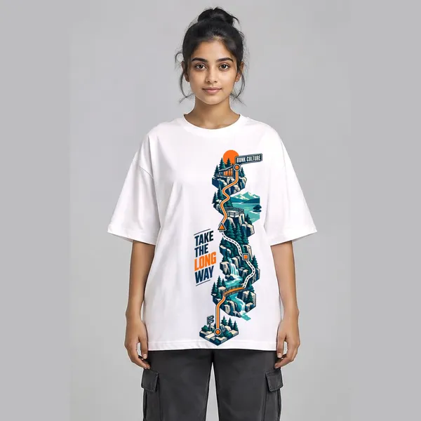 Long_Way_White_Cotton_Oversized_Graphic_T-Shirt_For_Unisex