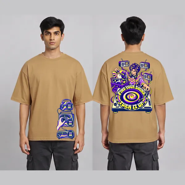 Turn_It_Up_Beige__Cotton_Oversized_Graphic_T-Shirt_For_Men