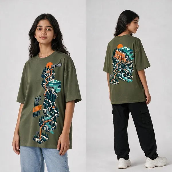 Long_Way_Olive_Green_Cotton_Oversized_Graphic_T-Shirt_For_Women