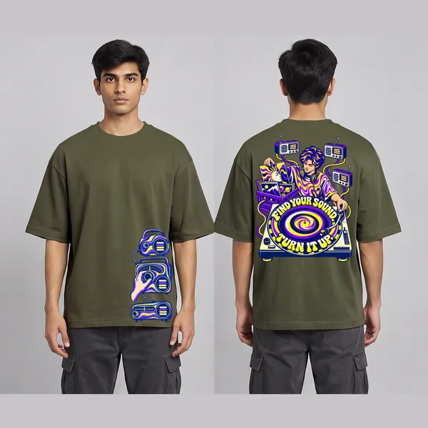 Turn_It_Up_Olive_Green_Cotton_Oversized_Graphic_T-Shirt_For_Men