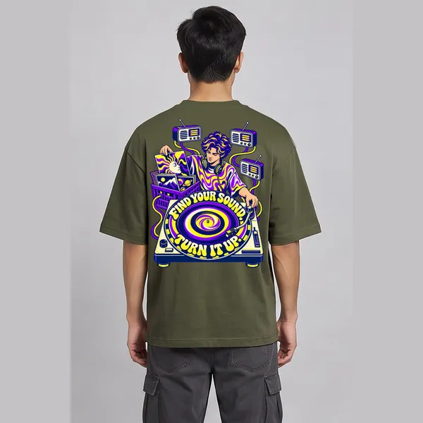 Turn_It_Up_Olive_Green_Cotton_Oversized_Graphic_T-Shirt_For_Men