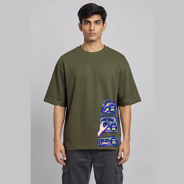 Turn_It_Up_Olive_Green_Cotton_Oversized_Graphic_T-Shirt_For_Men