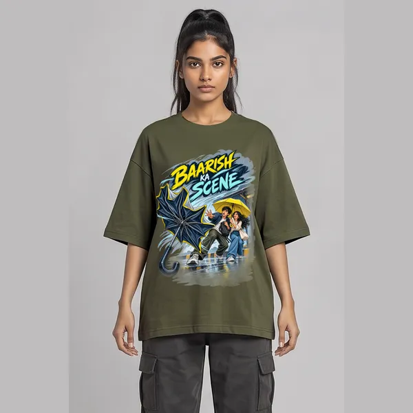 Baarish_Olive_Green_Cotton_Oversized_Graphic_T-Shirt_For_Women