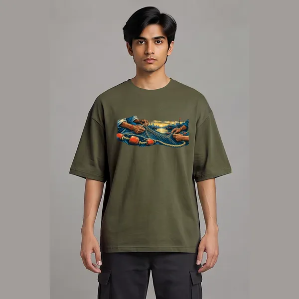 Koliwada_Olive_Green_Cotton_Oversized_Graphic_T-Shirt_For_Men