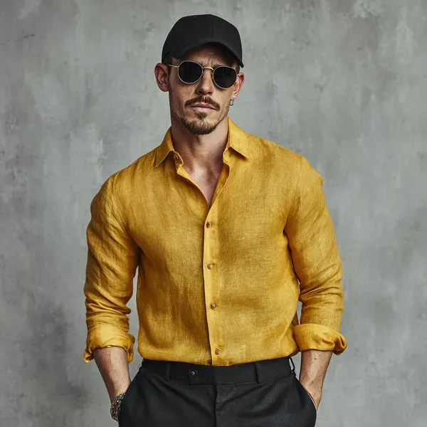 Stitchwa_Men_S_Dark_Mustard_Yellow_Pure_100_Linen_Shirt