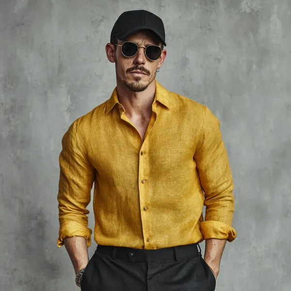 Stitchwa_Men_S_Dark_Mustard_Yellow_Pure_100_Linen_Shirt