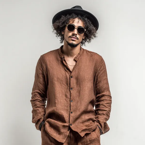 Stitchwa_Men_S_Dark_Chocolate_Pure_Linen_Mandarin_Collar_Shirt
