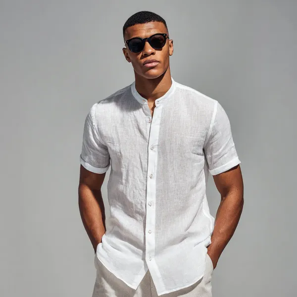 Stitchwa_White_Half_Sleeve_Linen_Shirt_For_Men