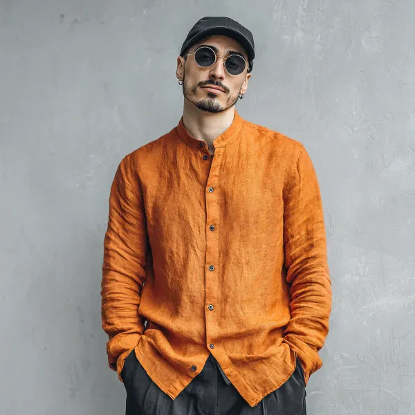 Stitchwa_Men_S_Burnt_Orange_Pure_100_Linen_Mandarin_Collar_Shirt