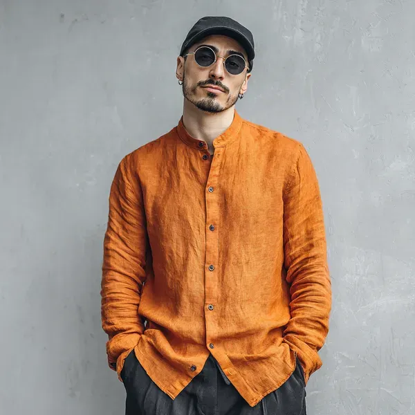 Stitchwa_Men_S_Burnt_Orange_Pure_100_Linen_Mandarin_Collar_Shirt